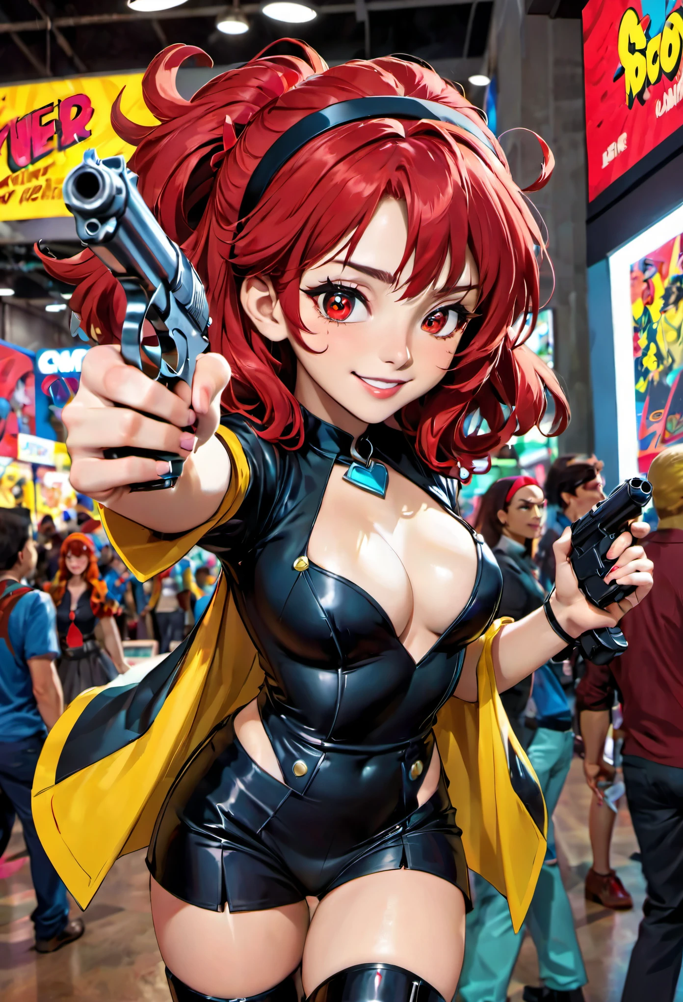 (a lovely woman in cosplay as Cowboy BeBop Fay Valentine with red hairband,holding a pistol),comic convention,illustration,cartoon style,high saturation colors,beautiful detailed eyes and face,long red hair,smiling expression,casually dressed,unique clothing,futuristic setting,excited atmosphere,vibrant background,cosplayers in other costumes,eye-catching,attention-grabbing,interactive environment,cosplay contest,creative make-up,playful poses,dynamic composition,energetic poses (best quality,4k,highres:1.2),ultra-detailed,realistic,artistic lighting,strong contrast,shaded areas,pop art style,comic book feel,sharp lines,stylized characters,brilliantly colored,animated experience,stylized scenery,happy vibes)