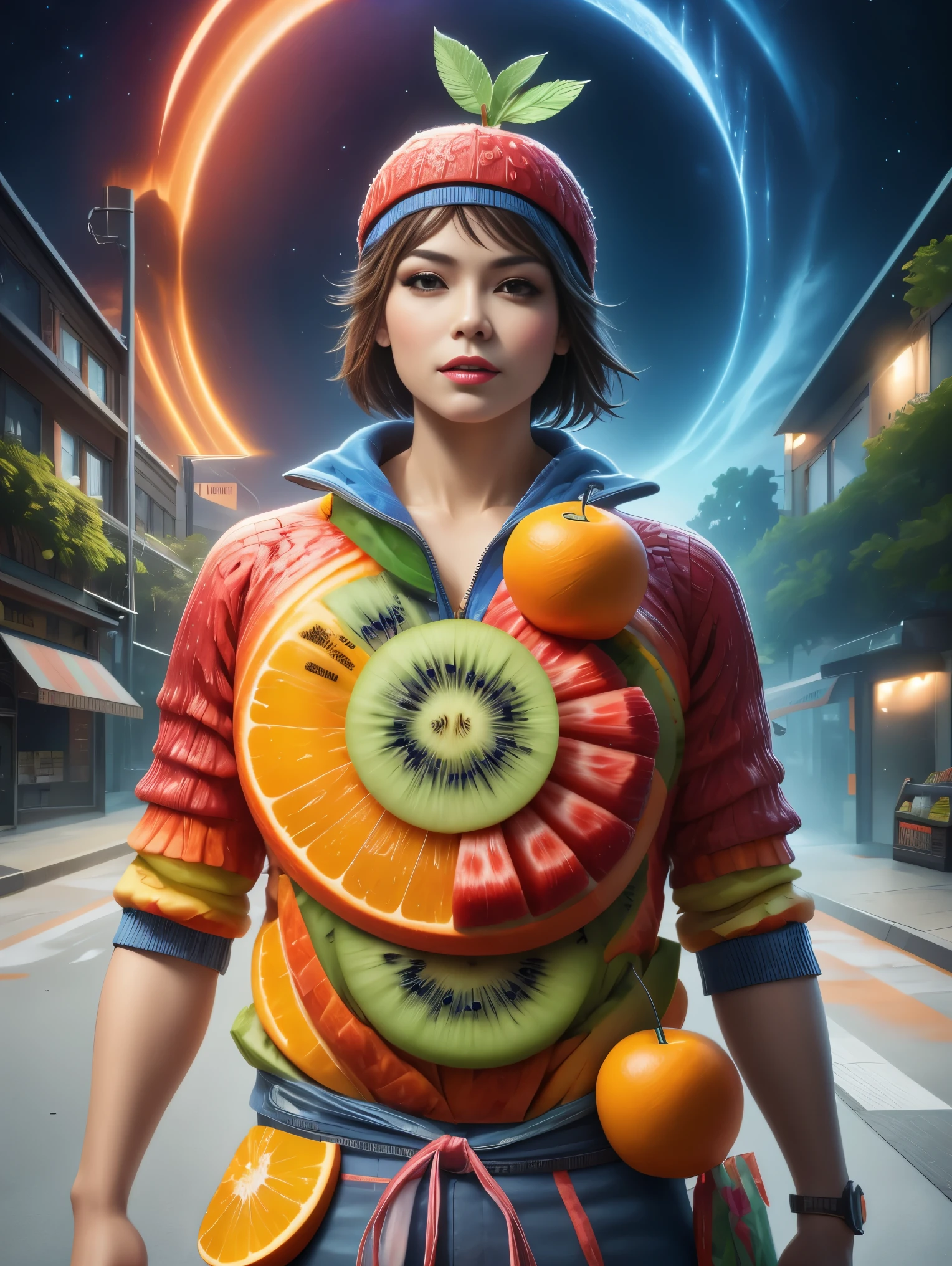 (A convenience store salesperson made of various fruits:1.2)，Standing upright in a casual posture，Body made of orange，watermelon，kiwi，Strawberries and other colorful fruit slices, (Midnight convenience store:1.8)，(Bathed in the grey fog of the quiet night), (master level:1.2), Super details, Realistic, (Photorealism:1.3), first-person view, UHD, masterpiece, ccurate, anatomically correct, super detail, best quality, 8k