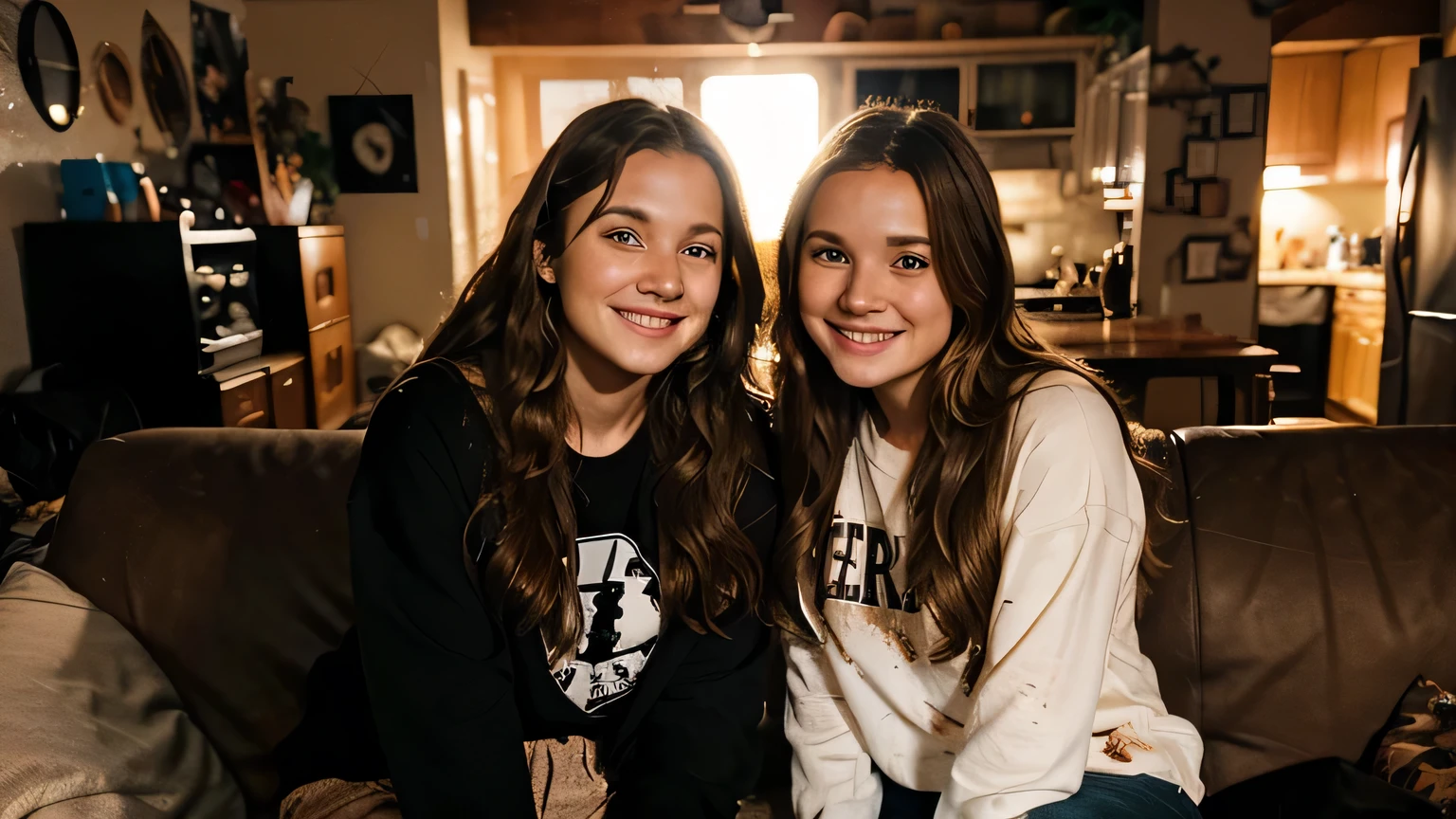 [white-skinned woman:1.2, long curly hair:1.2, street clothes, snub-nosed, bright brown eyes], 2 girls, sitting on a couch, in a loft, nighttime, smiling, looking at each other, drinks, messy room, VSCO filter: C8)