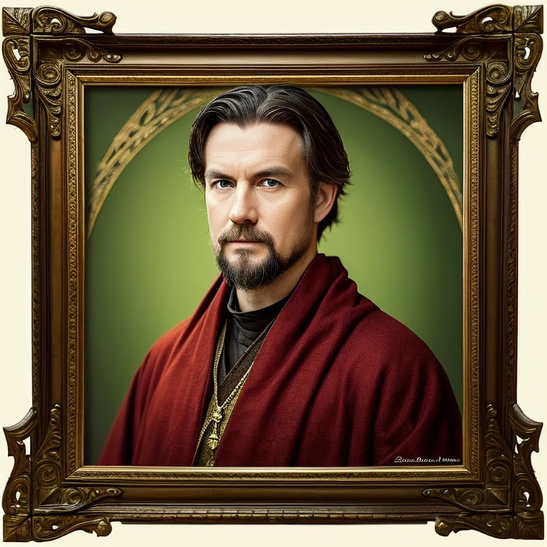 Create a medieval-style portrait and a frame to surround it。
・The frame is square、It is antique style。
The person in the center has a Swedish look.、I'm a man in my 50s. Please make the man's clothing red and medieval. The background should be light green.。