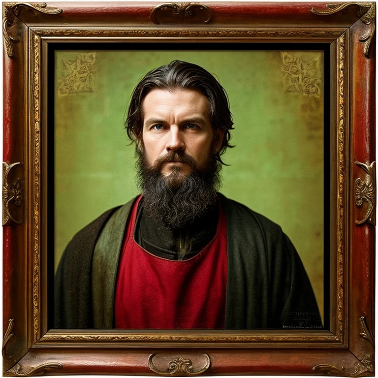 Create a medieval-style portrait and a frame to surround it。
・The frame is square、It is antique style。
The person in the center has a Swedish look.、I'm a man in my 50s. Please make the man's clothing red and medieval. The background should be light green.。
