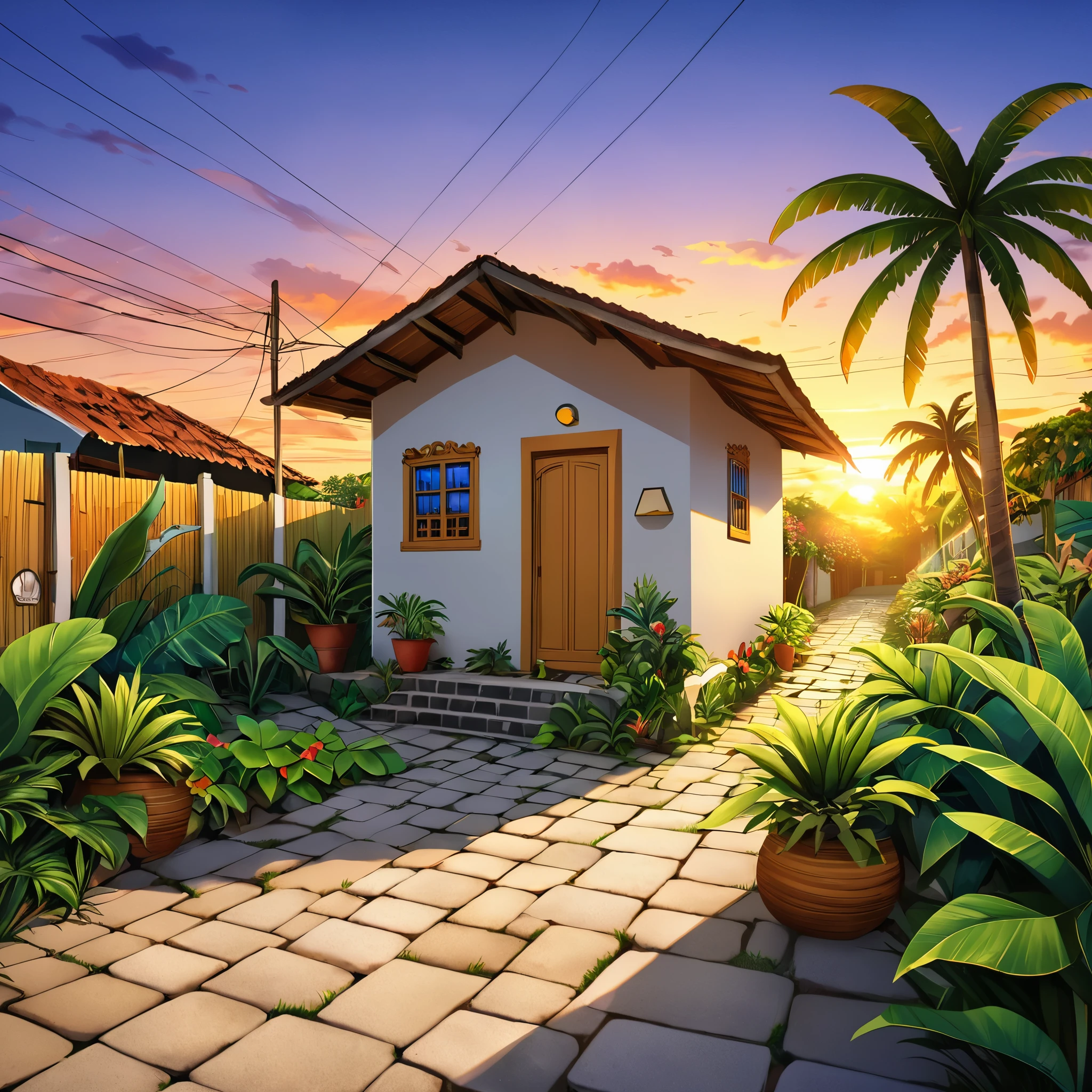 Create digital art of A small house in northeastern Brazil with a style characteristic of the region, parede com uma cor vibrante na cor amarelo. O telhado de telhas de barro inclinado  , cement sidewalk, coqueiros, e o terreno com um jardim simples com plantas tropicais, at sunset,arte de qualidade  , estilo Anime 