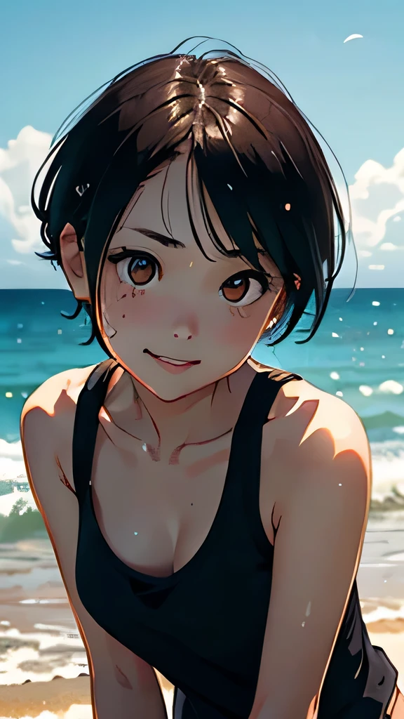 highest quality、realistic、Japanese、Women、cute、orange eyes、short hair、black hair、all back、Forehead is coming out、Ocean、Midsummer、Strong sunlight、Sweaty orange tank top、joy、Grinning、face close up、small breasts、slender