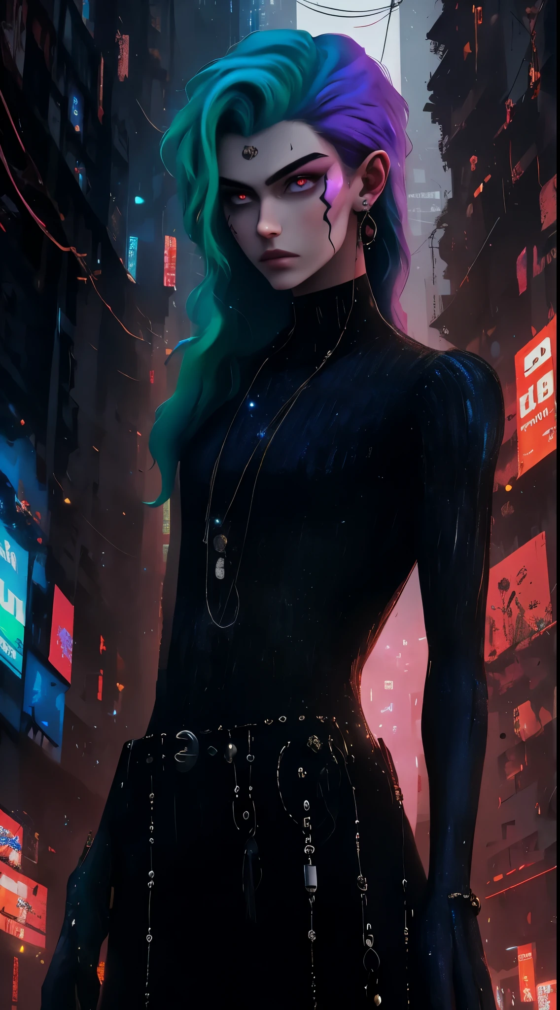 Um homem adolescente com rosto bonito, feminine and androgynous and delicate characteristics,vestindo roupas leves e sofisticada, cabelo longo, encantador e fascinante em uma bolha com cores iridescentes, with star decorations, Armas de metralhadora na cena noturna cyberpunk., fundo verde vermelho cyberpunk, (Melhor qualidade: 1.4), (Obra-prima: 1.2), detalhado, complexo, high resolution,32k