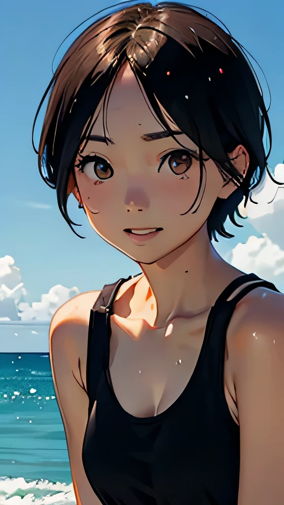 highest quality、realistic、Japanese、Women、cute、orange eyes、short hair、black hair、all back、Forehead is coming out、Ocean、Midsummer、Strong sunlight、Sweaty orange tank top、joy、Grinning、face close up、small breasts、slender
