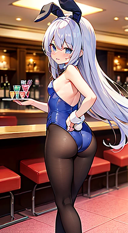 (highest quality), (masterpiece)、(very detailed)、official art、(blue eyes)、((detailed eye))、Sareme、(Beautiful girl alone:1.3)、、cute、(casino:1.1)、indoor、crying face、(Playboy Bunny:1.2)、(Blue leotard:1.2)、white arm cover、(12 years old:1.3)、small breasts、(silver hair:1.3)、(straight hair:1.3)、tangled hair、(long hair:1.3)、(Are standing:1.1)、(Rear view:1.3)、strapless、high heels、(playing cards:1.2)、black tights、fake bunny ears、rabbit tail、(Star ornament)、Drinks on the tray