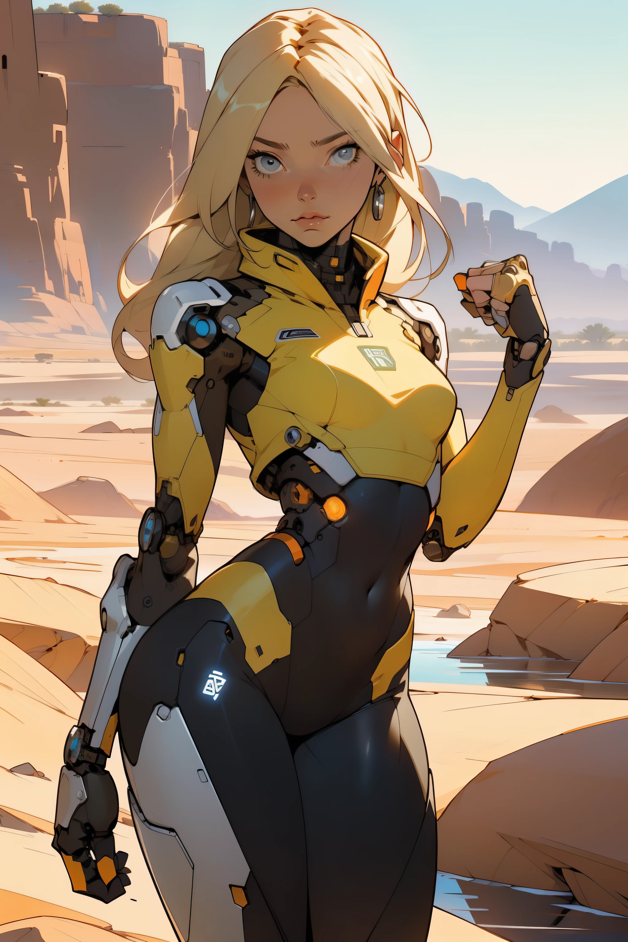 high quality, 4k, masterpiece, beautiful, cyborg girl, cowboy shot, dull eyes, front, looking at viewer, long blonde hair, girl, small breasts, fit thighs, robotic arms, robotic body, cyborg body, white & yellow uniform, orange accent, intricate detail, joint, detailed lines, robotic detail, holding fist up, holding hand up as fist, color robotic parts, robotic parts with color, perfect fingers, on a desert planet, sunny background, colorful desert, a river or a lake in the background, slender thighs, skinny thighs,