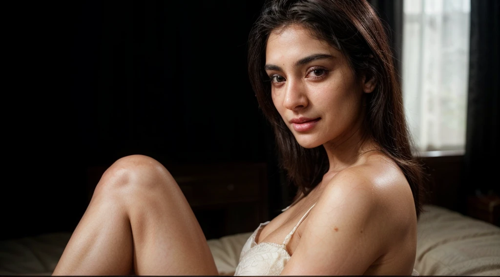 Maya Ali, horny, open legs, spread pussy, caressing breast, inviting viewer, large dark comfy bed, sex toys