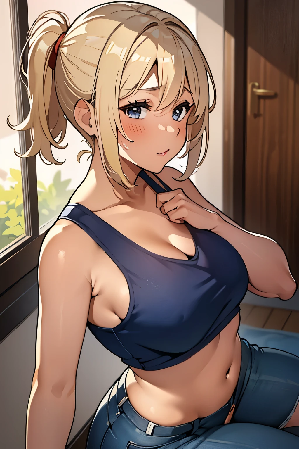 Mature Japanese Woman、short hair、ponytail、(((bright blonde:1.2)))、(((gal)))、金髪gal、tanned skin、(((big breasts:1.1)))、sexy、Red cheeks、(((nsfw)))、big breastsが見える、Cleavage is separated、(((masturbation)))、(((sex)))、sweaty、(((Pussy)))、(((pubic hair)))、(((Tank top&jeans)))、love hotel、40 years old、mature woman、Married woman、wedding ring、(((Point your ass towards the screen)))