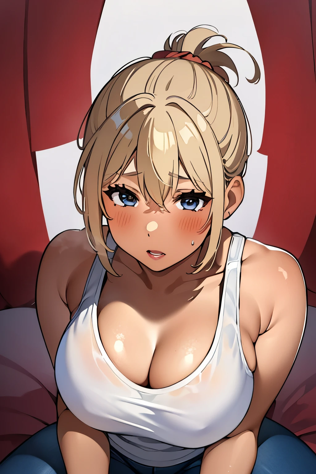 Mature Japanese Woman、short hair、ponytail、(((bright blonde:1.2)))、(((gal)))、金髪gal、tanned skin、(((big breasts:1.1)))、sexy、Red cheeks、(((nsfw)))、big breastsが見える、Cleavage is separated、(((masturbation)))、(((sex)))、sweaty、(((Pussy)))、(((pubic hair)))、(((Tank top&jeans)))、love hotel、40 years old、mature woman、Married woman、wedding ring、(((Point your ass towards the screen)))