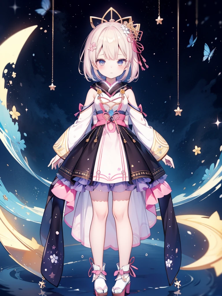1girl、vtuber-fullbody、8K、Star Fairy、masterpiece、official art、Super detailed、super beautiful、かわいいStar Fairy、white straight short hair、Milky Way、universe、star charm、Star、baby face、Knee-high boots、Japanese pattern dress、浴衣をリメイクした黒と紺色のuniverseを思わせるOiranフリルドレス、universeを思わせるOiranフリルドレス、Oiran