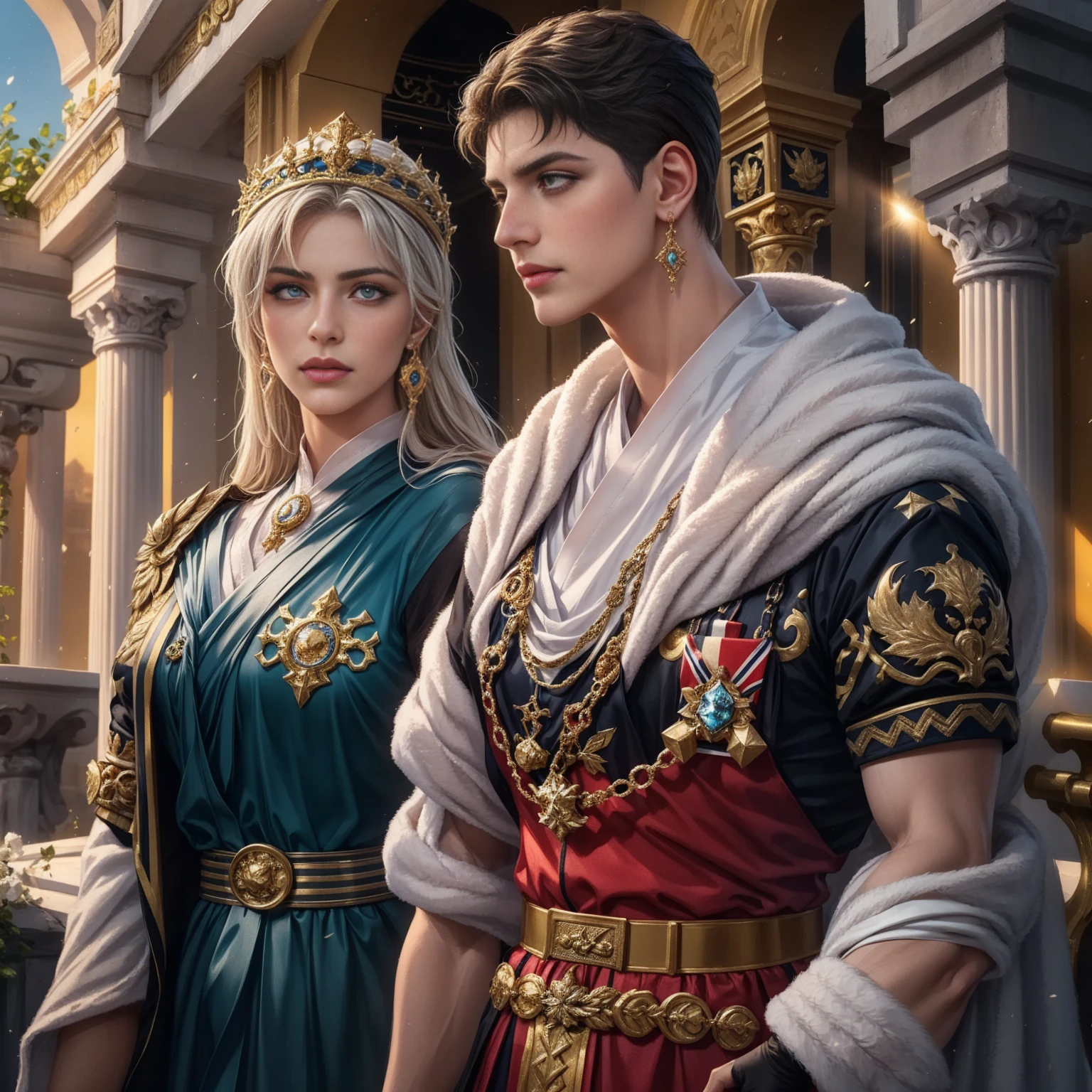 best quality,ultra-detailed,HDR,UHD,professional,vivid colors,sharp focus,(Roman Emperor Constantine the Great),(portrait),(beautiful woman named Serdica),(detailed eyes:1.1),(detailed lips:1.1),longeyelashes,(realistic:1.37),(historical background),(Roman architecture),(imperial robe),(gold accessories),(majestic),(sunlight),(dreamy atmosphere),(warm color palette),(absorbed in conversation),(regal stance),(celebrating victory),(cityscape in the background),(Roman soldiers),(spectacular landscape)