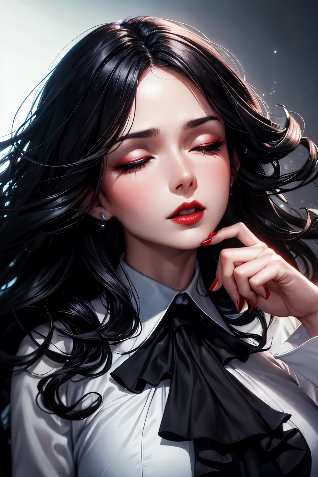 Woman, 30 years, hot, Dark suit, white silk blouse, black high heels, silver accessories, loose wavy hair, black hair, closed eyes, makeup, red lips, exited expressive, cinematic lighting, close-up, caustics, masterpiece, textured skin, super detail, high quality