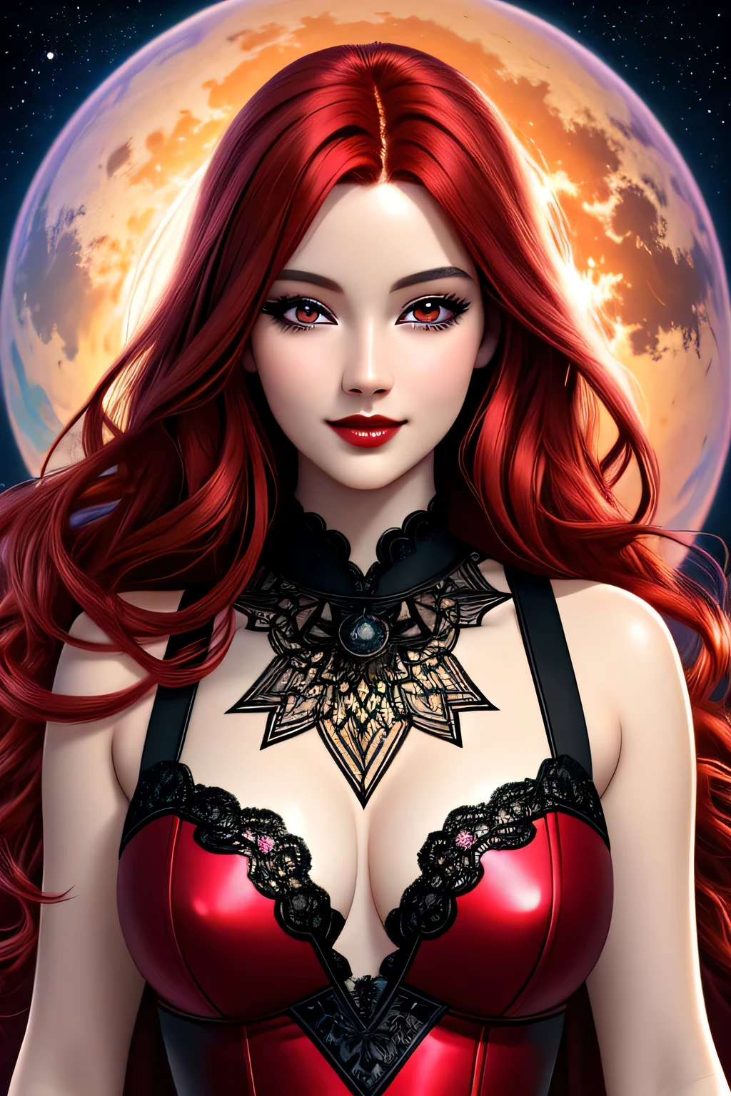 Portrait, beautiful woman with vivid red hair hair and a silky red dress, hourglass figure, pale skin,  symmetrical figure, highly detailed face, beautiful face, calming black eyes, lush red lips, smiling, alluring, stunning digital illustration, cosmic fantasy background, beautiful digital artwork, magenta lighting, glossy digital painting, gorgeous digital art, 4k detailed digital art, beautiful digital illustration, 4k highly detailed digital art, beautiful digital art, realistic digital art 4k, realistic digital art 4k, airbrush digital art