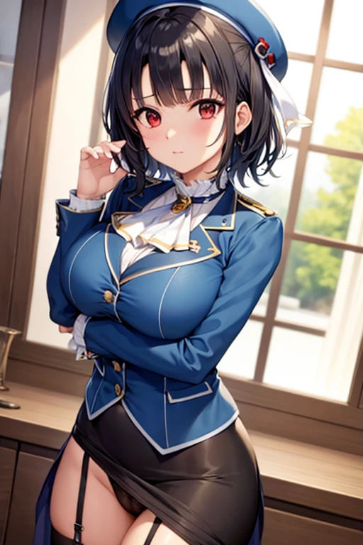 (masterpiece, highest quality:1.2),figure,8K,hd,1 girl,alone,Upper body,(portrait:1.2),Takao \(Kantai Collection\),black hair,red eyes,short hair,big breasts,long sleeve,have,black gloves,black stockings,mini skirt,blue skirt,uniform,beret,garter strap,blue jacket,Blue hat,pencil skirt,butt、panties,Are standing,NSFW