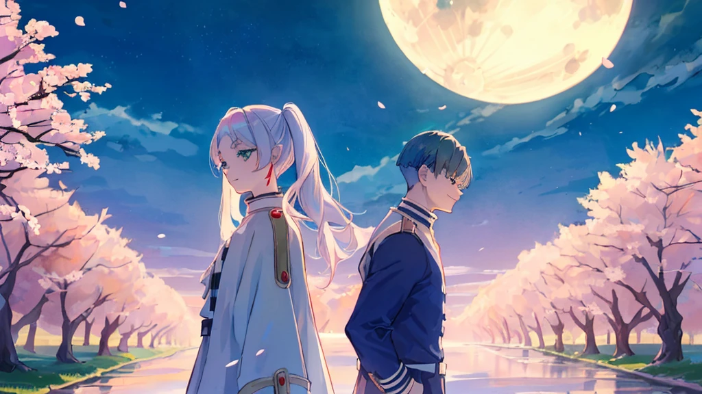 ((highest quality, super detailed girl and boy:1.3))BREAK,(girl is White hair,green eyes,shining eyes, absurdly long long twin tail:1.3),BREAK,(boy is Blue hair,boy is short hair:1.4),BREAK,(boy and girl walking side by side:1.3),(landscape photography:1.2), (highly detailed background:1.2),(cherry blossoms, cherry blossom,standing, midnight, moon:1.3),(total1 girl,total 1 boy,duo:1.3),from side,from above,girl is expressionless, boy is smile