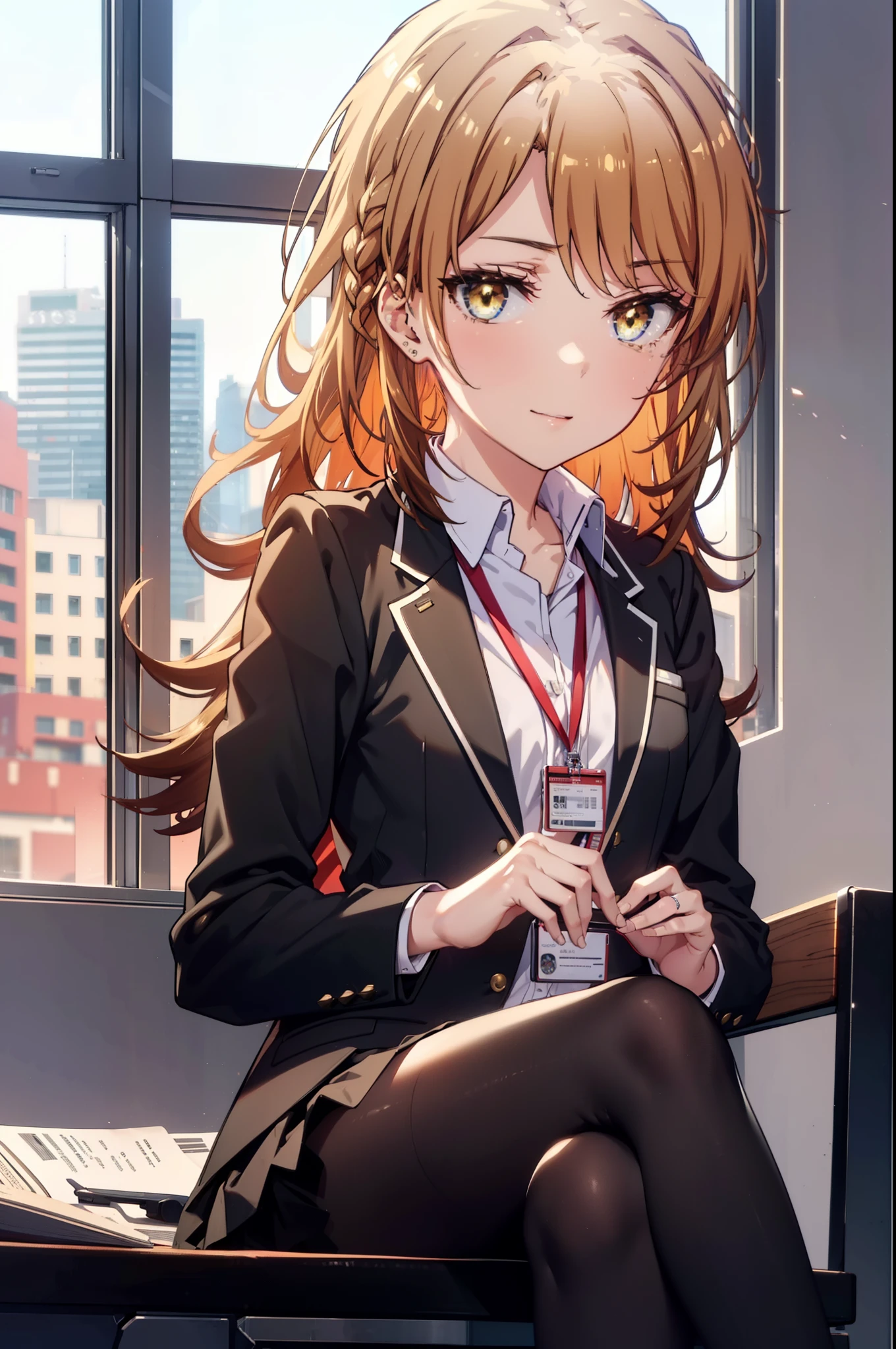 irohaisshiki, iroha isshiki, long hair, brown hair, (brown eyes:1.5), happy smile, smile, open your mouth,OL, red glasses,ponytail,short braided hair, black suit jacket, collared jacket, white dress shirt, collared shirt, neckline, button, strap, ID card on neck, black pencil skirt, black pantyhose, stiletto heels,There is a computer on the desk.,sitting cross-legged on a chair,interior,noon,Clear skies,window Building district,
break indoors, office,
break looking at viewer,(cowboy shot:1. 5)
break (masterpiece:1.2), highest quality, High resolution, unity 8k wallpaper, (figure:0.8), (detailed and beautiful eyes:1.6), highly detailed face, perfect lighting, Very detailed CG, (perfect hands, perfect anatomy),