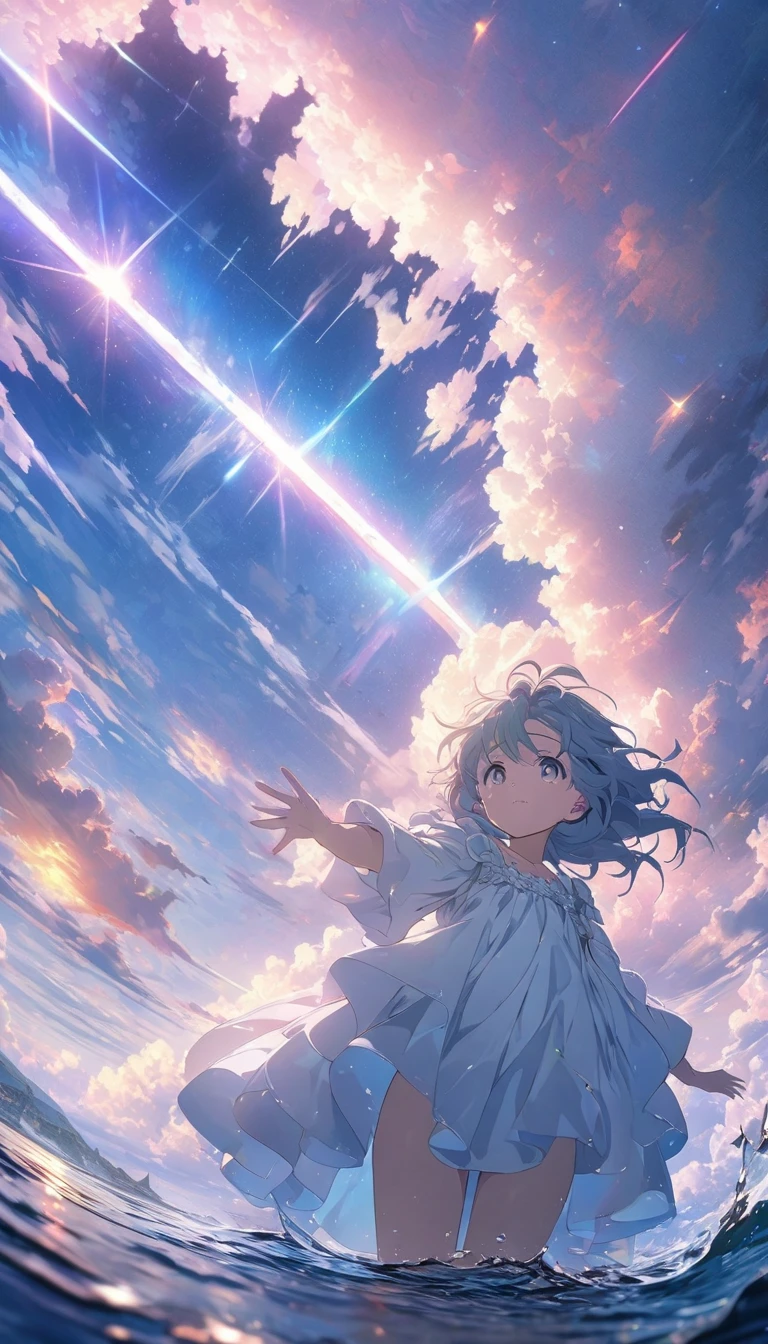 (highest quality、masterpiece、High resolution、detailed)、No text、anime style、flat,(Shining eyes、detailed美しい顔)、, BREAK,1 girl, eye, close, Beautiful night sky, Meteors, beyond the clouds, Surrounded by water, reflection, Wide Angel, breathtaking clouds, Wide-angle, HDR, volume lighting, ray tracing, Complex, advanced details, very detailed, deviant, 4K vertical wallpaper,, colorful, well-ventilated, Anime illustration, anime nature wallpapers、Dynamic Angles