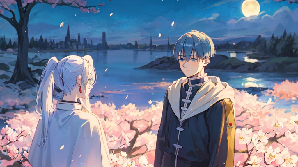 ((highest quality, super detailed girl and boy:1.3))BREAK,(girl is White hair,green eyes,shining eyes, absurdly long long twin tail:1.3),BREAK,(boy is Blue hair,boy is short hair:1.4),BREAK,(boy and girl walking side by side:1.3),(landscape photography:1.2), (highly detailed background:1.2),(cherry blossoms, cherry blossom,standing, midnight, moon:1.3),(total1 girl,total 1 boy,duo:1.3),from above,girl is expressionless, boy is smile