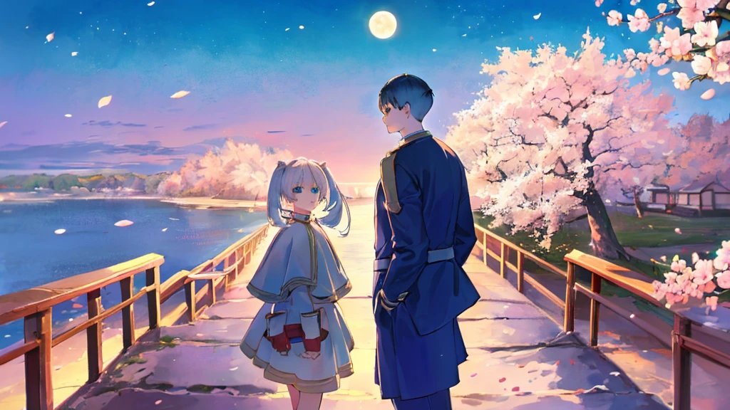 ((highest quality, super detailed girl and boy:1.3))BREAK,(girl is White hair,green eyes,shining eyes, absurdly long long twin tail:1.3),BREAK,(boy is Blue hair,boy is short hair:1.4),BREAK,(boy and girl walking side by side:1.3),(landscape photography:1.2), (highly detailed background:1.2),(cherry blossoms, cherry blossom,standing, midnight, moon:1.3),(total1 girl,total 1 boy,duo:1.3),from above,girl is expressionless, boy is smile