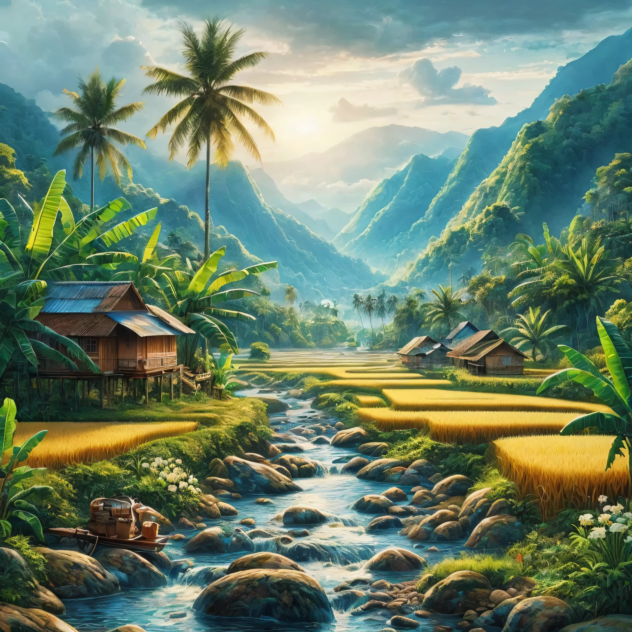 beautiful paintings of rice fields, rocky rivers, banana trees, coconut trees, wooden houses with tin roofs, with mountain backgrounds, fine art paintings, trending in the CG community, Sumatra, houses in the forest, son, tropical locations, cellphone wallpapers