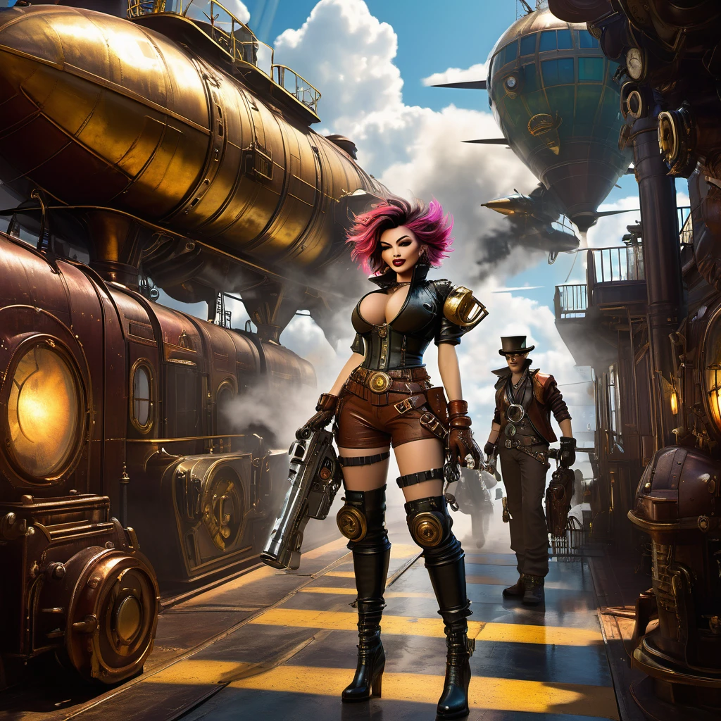 best quality,highres,(realistic:1.37),HDR,Steam Punk,The cast of Bebop (Spike, Jet, Faye, Ed) in a dynamic composition,The characters from Bebop meticulously detailed and accurately portrayed,Steam Punk inspired costumes and accessories for each character,Futuristic technology seamlessly integrated with retro Victorian aesthetics,A gritty, industrial cityscape with towering steam-powered structures,Elevated walkways and airships filling the sky in the background,Dramatic lighting with rays of sunlight piercing through clouds of steam,Each character in an action pose, capturing their individual personalities and skills,Spike with a cigarette in his mouth, holding a sleek futuristic pistol,Jet with his mechanical arm, ready to launch himself into the air,Faye with her confident and seductive demeanor, holding a vintage-looking revolver,Ed with her wild hair and mischievous smile, immersed in her hacking tools and gadgets,A sense of adventure and mystery in the atmosphere, hinting at their exciting space bounty hunter lives,Vibrant colors with a sepia tone, adding to the overall steampunk atmosphere,Intricate clockwork machinery and gears, incorporated into the environment,Steam and smoke billowing out from pipes and vents, creating an immersive atmosphere,Dynamic composition with diagonal lines and asymmetrical balance, giving a sense of movement and energy to the scene.