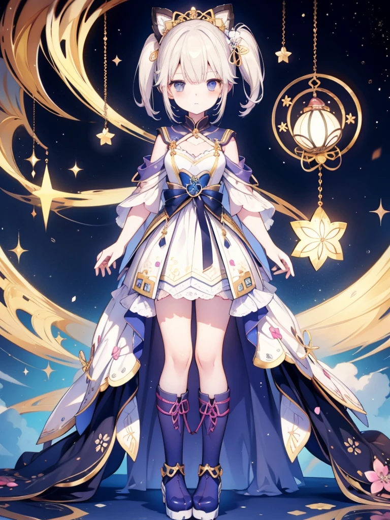 1girl、vtuber-fullbody、8K、Star Fairy、masterpiece、official art、Super detailed、super beautiful、かわいいStar Fairy、white straight short hair、Milky Way、universe、star charm、Star、baby face、Knee-high boots、Japanese pattern dress、浴衣をリメイクした黒と紺色のuniverseを思わせる花魁フリルドレス、universeを思わせる花魁フリルドレス、Oiran short dress、