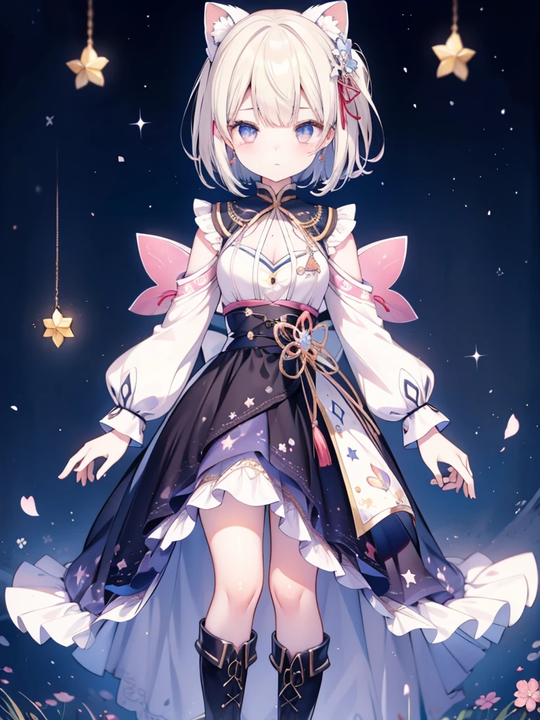 1girl、vtuber-fullbody、8K、Star Fairy、masterpiece、official art、Super detailed、super beautiful、かわいいStar Fairy、white straight short hair、Milky Way、universe、star charm、Star、baby face、Knee-high boots、Japanese pattern dress、浴衣をリメイクした黒と紺色のuniverseを思わせる花魁フリルドレス、universeを思わせる花魁フリルドレス、Oiran short dress、