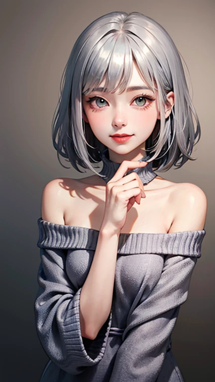 A light blush and a smile, (Masterpiece of the highest quality:1.2) Delicate illustrations, super detailed, /beautiful japanese woman、1 person,Very cute and slim、outstanding style 、((8K image、super high quality))、Very delicate face, Skin and Hair、red lipstick、short hair、straggling hair,(((((Gradient Hair、silver hair))))),Very cute Japanese cut face、Eyes and nose are clearly visible、Kind eyes,(((off shoulder sweater、looking at the viewer)))、full body shot