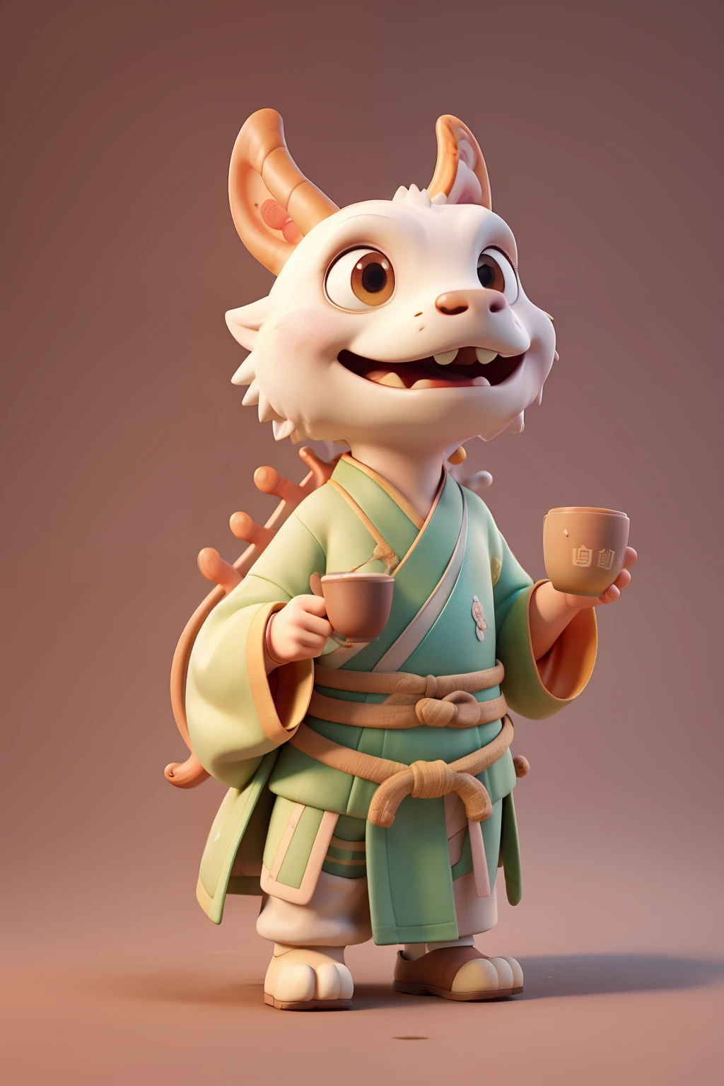 ((best quality)), ((masterpiece)), (detailed), 3D,IP image,Q version,Chinese dragon,Hand holding a cup of herbal tea,Four views,Wearing Hanfu,Background Chang'an City