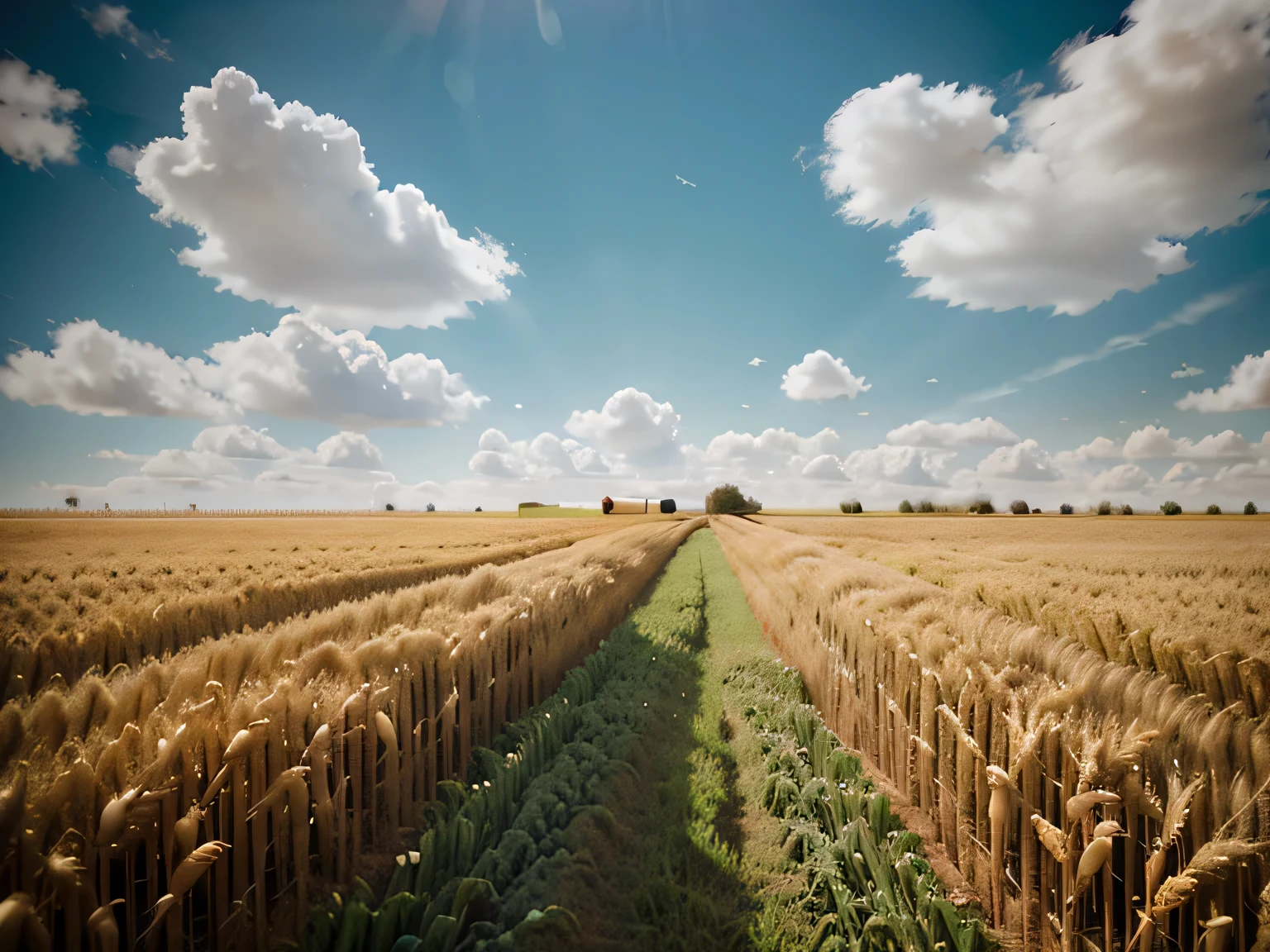 Large wheat fields,The ears of wheat are plump,Blue sky and white clouds in the distance,spring,Cinematic effects,Realistic style