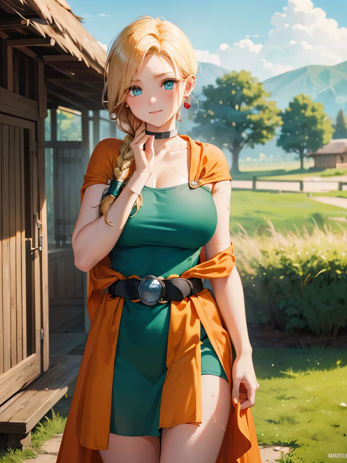 from above, face focus, dqBianca, huge breasts, impossible clothes, (single braid, earrings, choker, orange cape, green dress, belt:1.3), (towel grab, hand on face:1.5), (Wiping off sweat:1.5), (sweat), tired, smile, happy, depth, depth of field, (Thatched Roof House, Wheat Field), masterpiece, high quality, best quality, beautiful, hd, perfect lighting, detailed face, detailed body, masterpiece, best quality, intricate details, 8k uhd, perfect face, perfect eyes