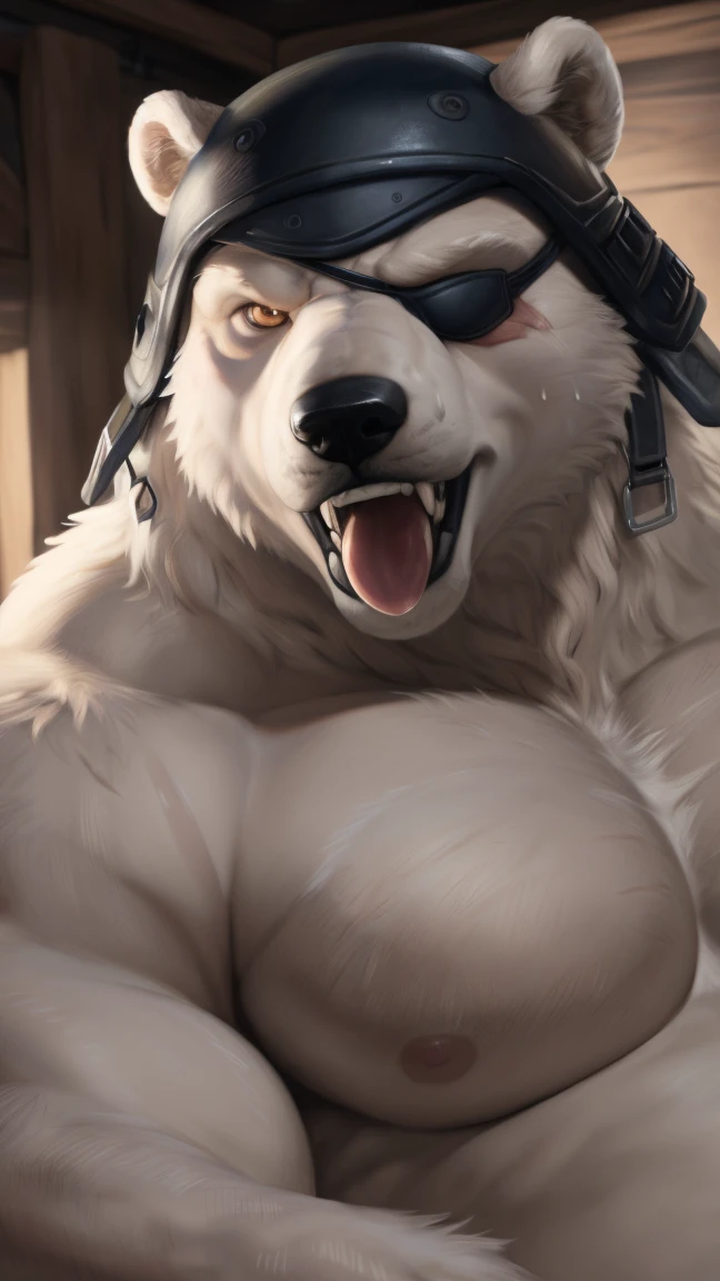 (by personalami realistic , by narse, by honovy, by tojo the thief) a by realista fur in white , Very strong but very craving in face_polar bear patroller , (verg tongue of dicha in face ),verg big  huge chest muscles of fur in white, isla ,(polar patroller for big  up lighting eye of brown and big eyepatch ) more big muscular and fat, Very polar bear in teeth, Very large chest of fur in white , Very claws in five,bear polar or hand of claws in five of dark , light of iris color,dark helmet, verg eyepatch,verg up for lighting eye Brown, verg more realistic polar patroller , _polar bear, polar patroller _claws of five, open mouth of Tongue  , perfect realista colors, verg realista perfect lighting , anthro eye lighting Brown polar bear, ( polar bear  fur:1.3,Postura de piernas abiertas, playa of lying in bed, Big breast , correct verg  modelo _shorts, (photorealistic detailed fur, masterpiece:1.2), ( verg lighting eye for light Brown ), detailed bear eyes, (smile and tongue ), Infinite or sweat :1.4,  calor in bear polar,((polar patroller_ vacaciones , polar patroller in crazy por angry 