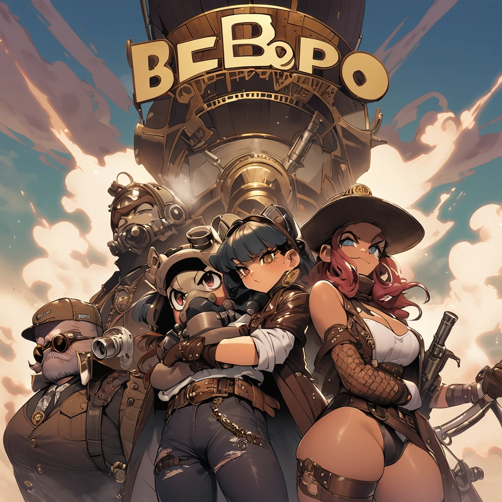 The cast of Bebop recreating their iconic cover in Steam Punk aesthetic
