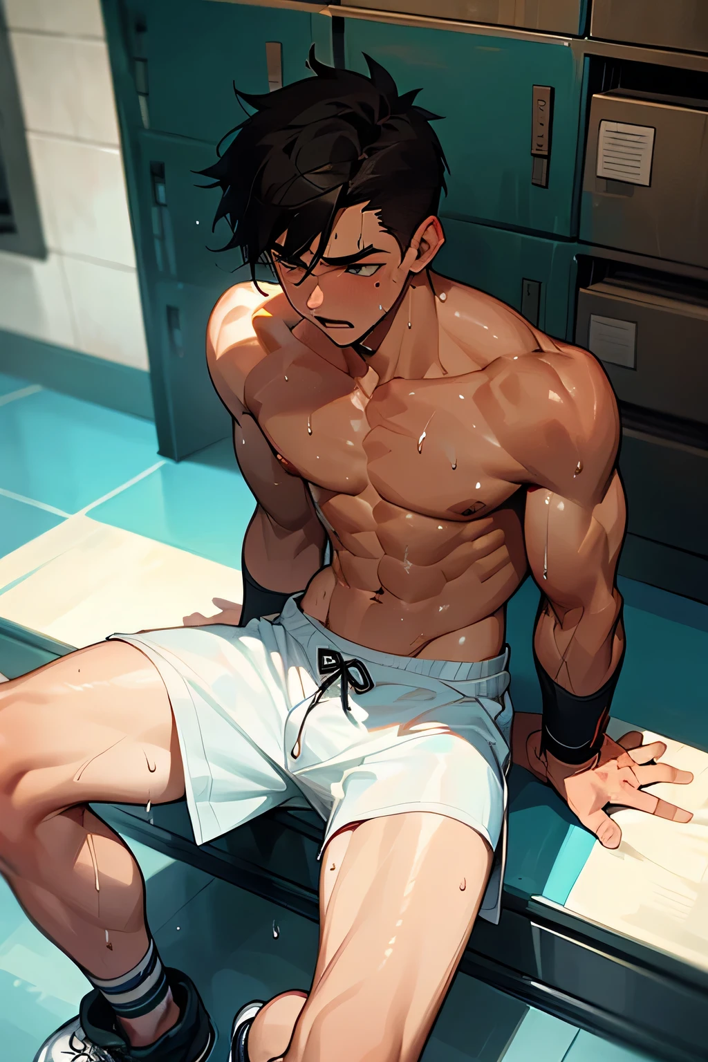 shirtless, super muscular, sweat-drenched body, dripping with sweat, 22-year old short black hair handsome caucasian male wearing sweat-drenched white boxing shorts, boxing boots, panting, very exhausted, drenched with sweat, sweating profusely, shirtless, sitting on the floor, bottled water, towel, in the locker room