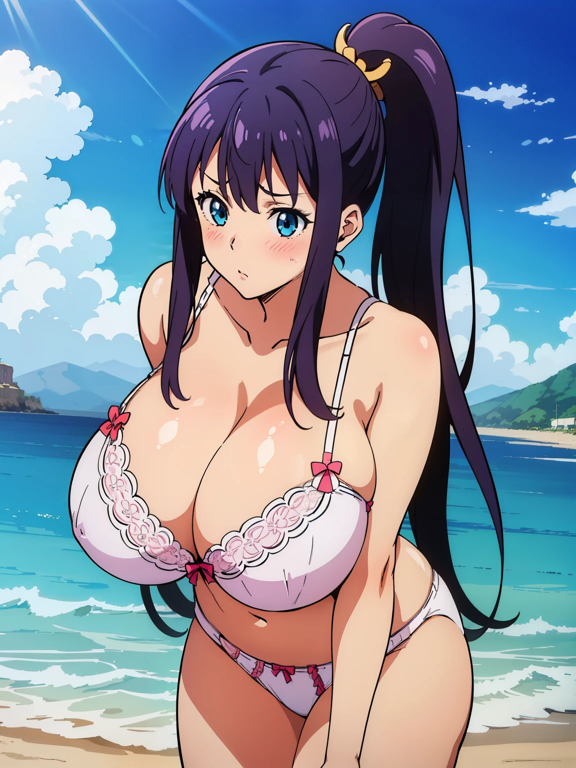 (1girl:1.6), Anime cel drawing style, Best Quality, High resolution, (gigantic breasts:1.6), (bra, string white panties:1.4), Blue eyes, Purple hair, Bangs, Side Ponytail, Hair Ornament, blush, embarrassed, reluctant, looking at viewer, (cowboy shot:1.6), beach, leaning forward, (perfect hands),