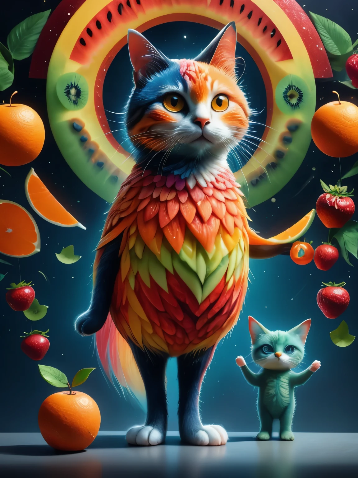 1 cat，personification, alone, Imaginative depiction, Kitten standing upright in a casual pose, Body made of orange, watermelon, kiwi, Strawberries and other brightly colored fruit slices, A rainbow-like mosaic effect, The face is rich in detail，expressive, Elegantly presented orange peel and blueberry eye shape, (master level:1.2), Super details, actual, (photorealism:1.3), First-person perspective, ultra high definition, masterpiece, precise, anatomically correct, Super details, best quality, 8K