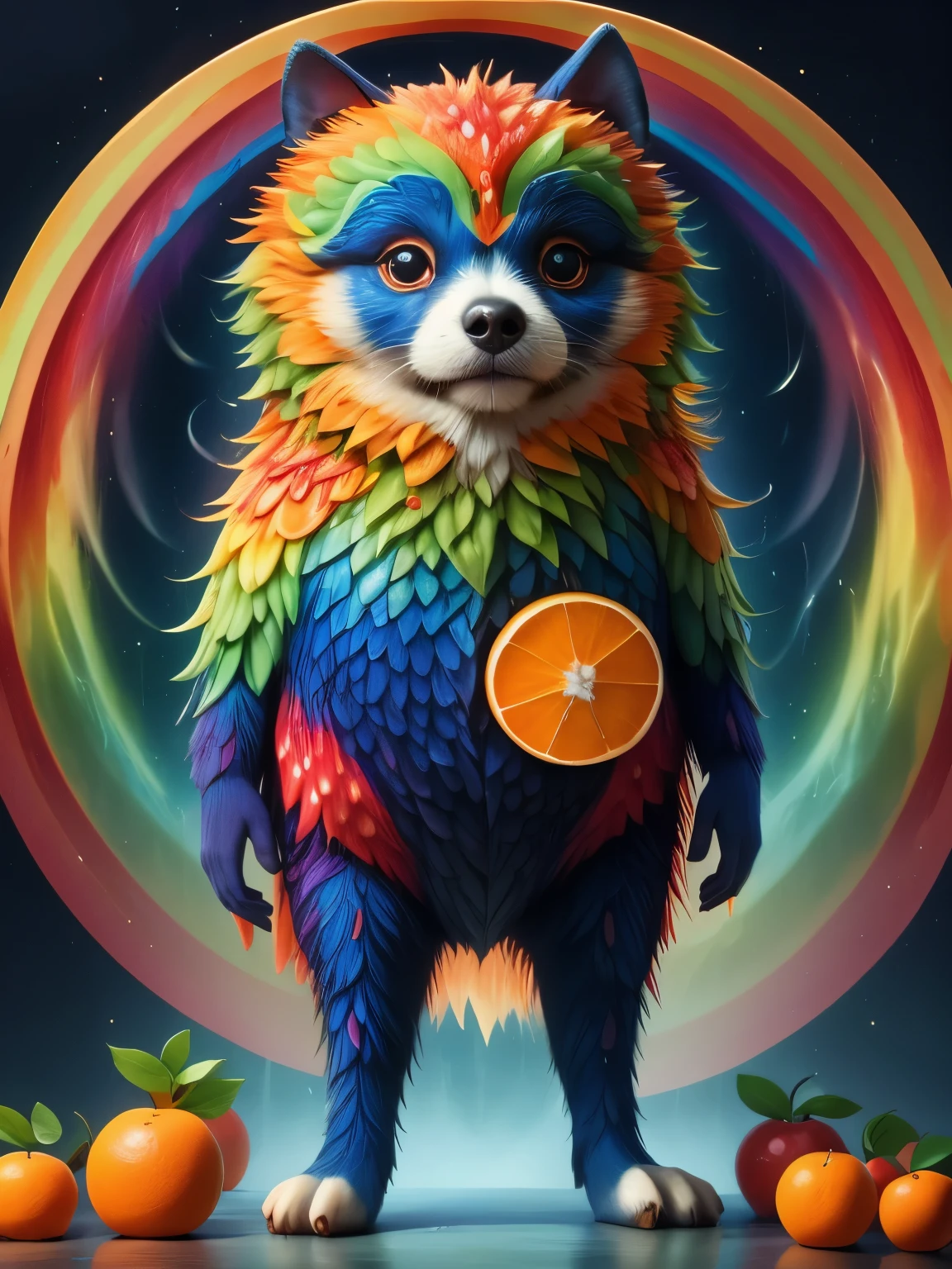 1 cute puppy，personification, alone, Imaginative depiction, Puppy standing upright in casual pose, Body made of orange, watermelon, kiwi, Strawberries and other brightly colored fruit slices, A rainbow-like mosaic effect, The face is rich in detail，expressive, Elegantly presented orange peel and blueberry eye shape, (master level:1.2), Super details, actual, (photorealism:1.3), First-person perspective, ultra high definition, masterpiece, precise, anatomically correct, Super details, best quality, 8K