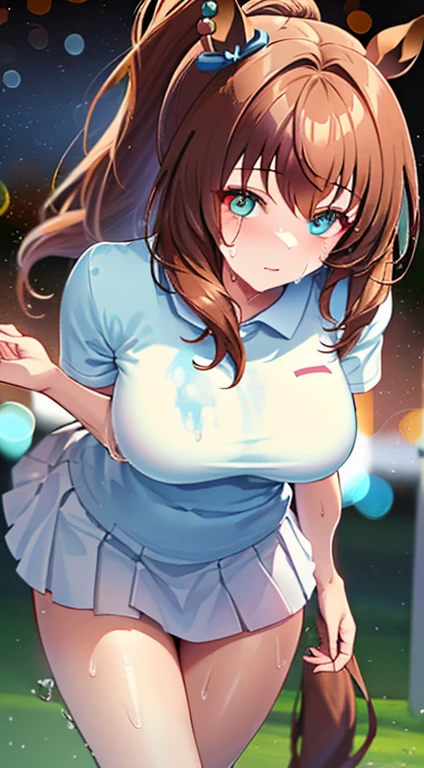 absurdres, highres, (ultra detailed:1.1), (1 girl:1.3), watercolor style, (soft blending:1.4), (dreamy washes:1.4), (delicate textures:1.4, BREAK (bokeh photography:1.3), soft focus, out-of-focus highlights, dreamy ambiance, mesmerizing depth, blurred edges, dynamic angle, more_details:1.5, maruzensky \(umamusume\), 1girl, solo, white polo shirt, white sneakers, tennis wear, white miniskirt, ((masterpiece:1.2)), best quality, realistic, hyper-detailed, (shiny skin, sweaty:1.4), absurd, looking at viewer, black hair, ponytail, brown eyes, slender, dynamic lighting, high resolution, sharp focus, depth of field, detailed eyes, sharp pupils, realistic pupils, (middle breasts:1.6), (thick thighs:1.0), outdoor, sky