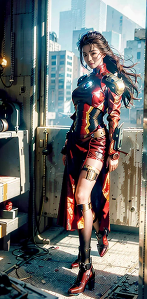 RAW，tmasterpiece，ultra fine photos，，best qualtiy，ultra high resolution，Photoreality，rays of sunshine，full-body portraits，stunningly beautiful，，dynamicposes，delicated face，vibrant eyes，（seen from the side），She wears a futuristic Iron Man mech，Red and gold color scheme，Very detailed abandoned warehouse background，detailed face with，Detailed and complex busy background，untidy，opulent，milkyW，Highly detailed skin，Realistic details of skin，Visible Pore，tack sharp focus，volume fog，8k uhd，digital SLR camera，high qulity，filmgrain，White skin of the，photo-realism，lomography，Huge metropolis in a dystopia of the future , look from down, semi transparent，Incredibly ????