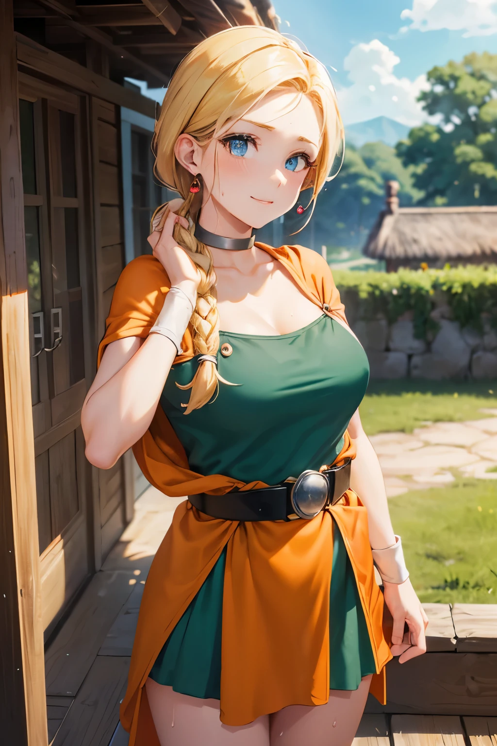 from above, face focus, dqBianca, huge breasts, impossible clothes, (single braid, earrings, choker, orange cape, green dress, belt:1.3), (towel grab, hand on face:1.5), (Wiping off sweat:1.5), (sweat), tired, smile, happy, depth, depth of field, (Thatched Roof House, Wheat Field), masterpiece, high quality, best quality, beautiful, hd, perfect lighting, detailed face, detailed body, masterpiece, best quality, intricate details, 8k uhd, perfect face, perfect eyes