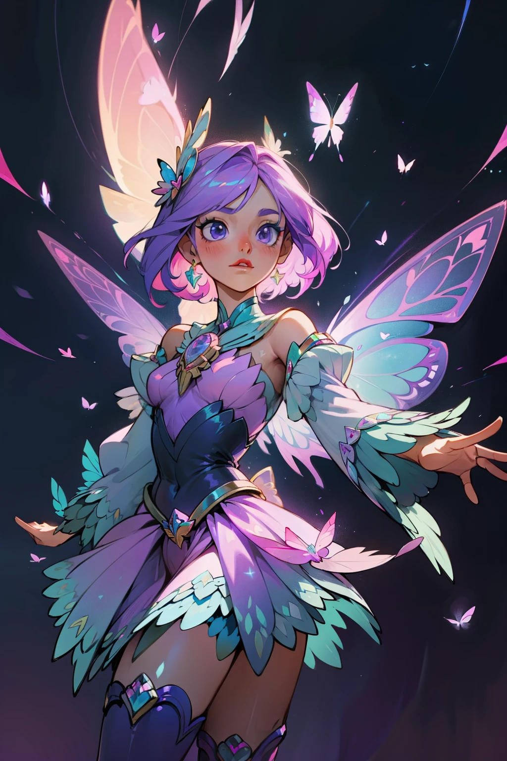 In the enchanted realm of League of Legends, a magical girl with butterfly-inspired attire captivates the heart and senses. Clad in a Star Guardian outfit, bursting with shades of radiant purple and pink, she radiates cuteness that's impossible to ignore. Her Helling Magic User costume, adorned with intricate butterfly designs, showcases her status as a cleric: a guardian of hope and life.
The outfit is designed with an emphasis on the wings, each feather meticulously crafted, shimmering with butterfly-like iridescence. The blouse frames her elegant torso, the skirt billows softly with every