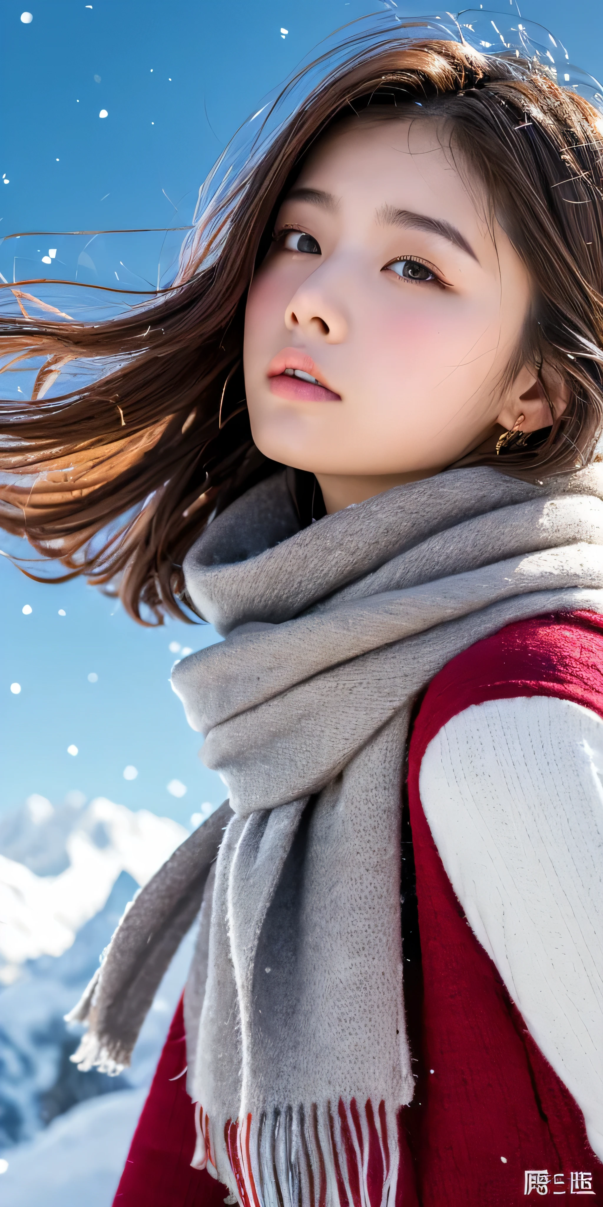 ((hair blowing in the wind、no makeup:1.2))、(realistic、Photoreal、Super detailed、best detailed skins、highest quality、masterpiece、超A high resolution)、cute russian woman、14 years、high school girl、young girl、1 girl、have bangs、ash blonde:1.7、double eyelid、drooling eyes、Japanese style face、purity、realistic skin type、thick muffler、Gray muffler、fluffy hair、((There&#39;hair in scarf:1.3))、red cheeks、The wind is blowing、that&#39;It&#39;s snowing、night、illumination、Lighting from behind、hair blowing in the wind、((Antarctica、A meteor shower、A world view of the aurora))