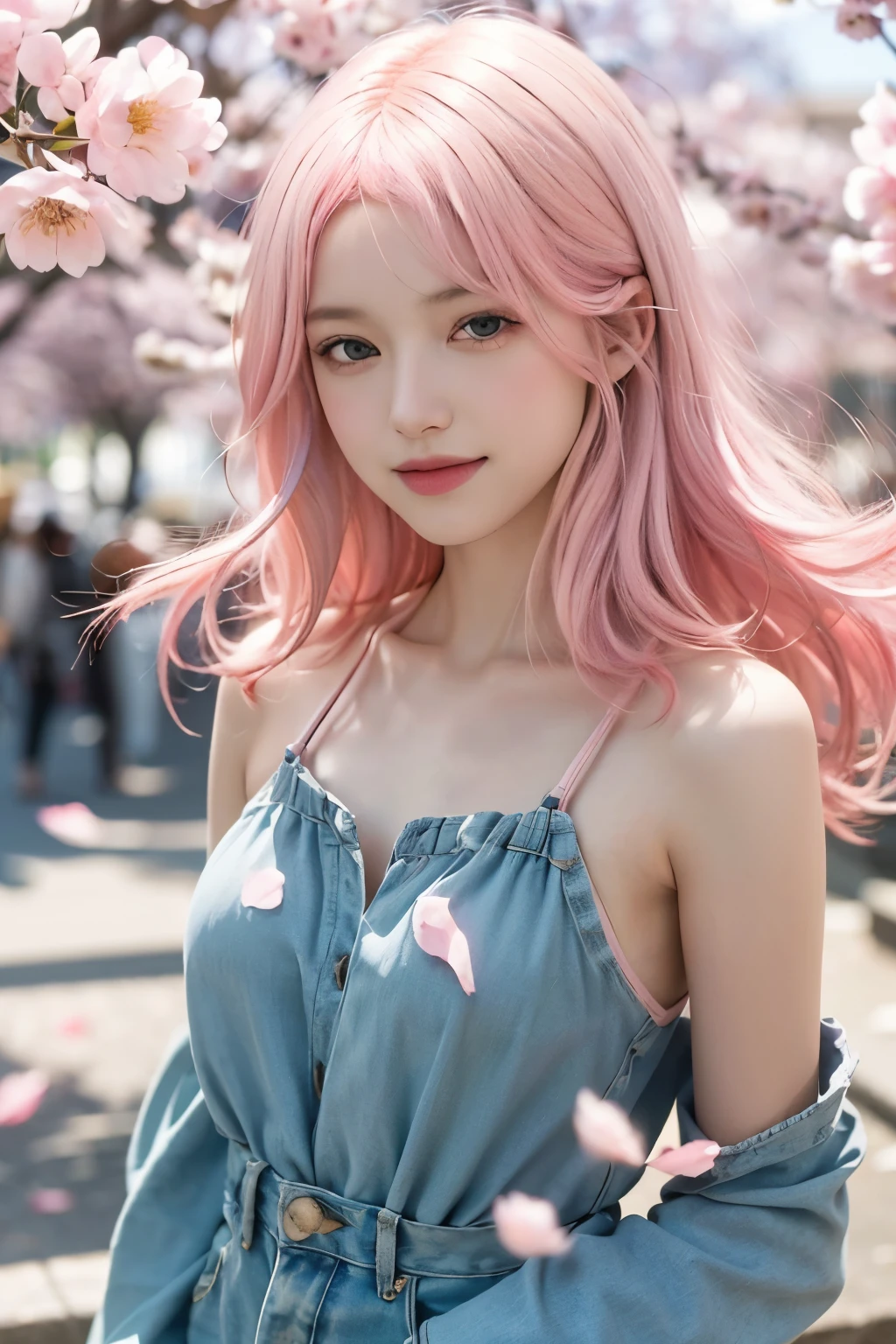 (8K, top-quality, masterpiece:1.2), (realistic, photorealistic:1.37), (super detailed:1.2), (one girl:1.5), (beautifully detailed eyes:1.2), (highest quality:1.2), (detailed face:1.2), (20yr old:1.2), (pink hair, long hair:1.2), (medium breasts:1.2), (Paris fashion week style, modest skin exposure, spring theme:1.5), (upper body to knees composition:1.2), (relaxed natural atmosphere:1.2), (wind-swept pink long hair:1.3), (gentle smile:1.2), (natural standing pose:1.2), (sakura petals background:1.2), (soft morning light:1.2), (pink hair:1.5)