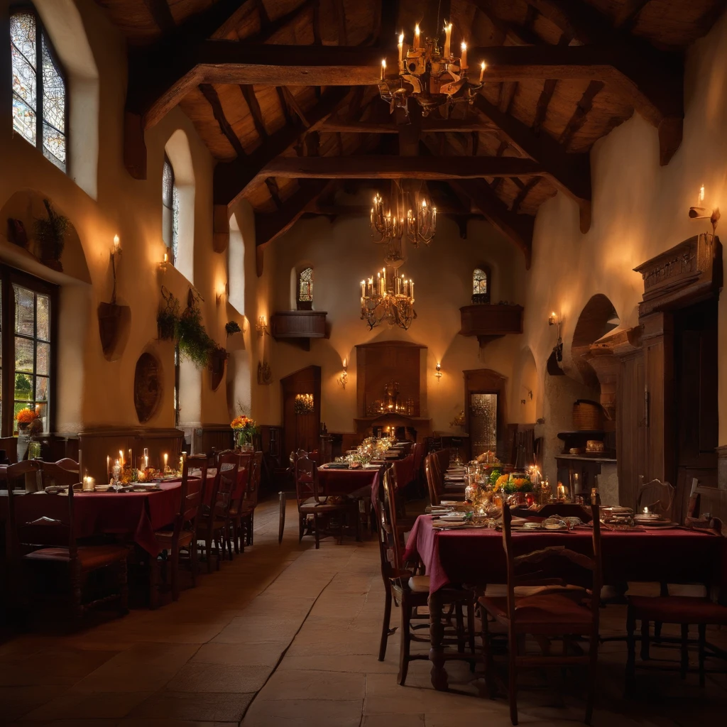 Rural, Medieval, inn, indoors, humble, tables, chairs, dinner plates, quadratic