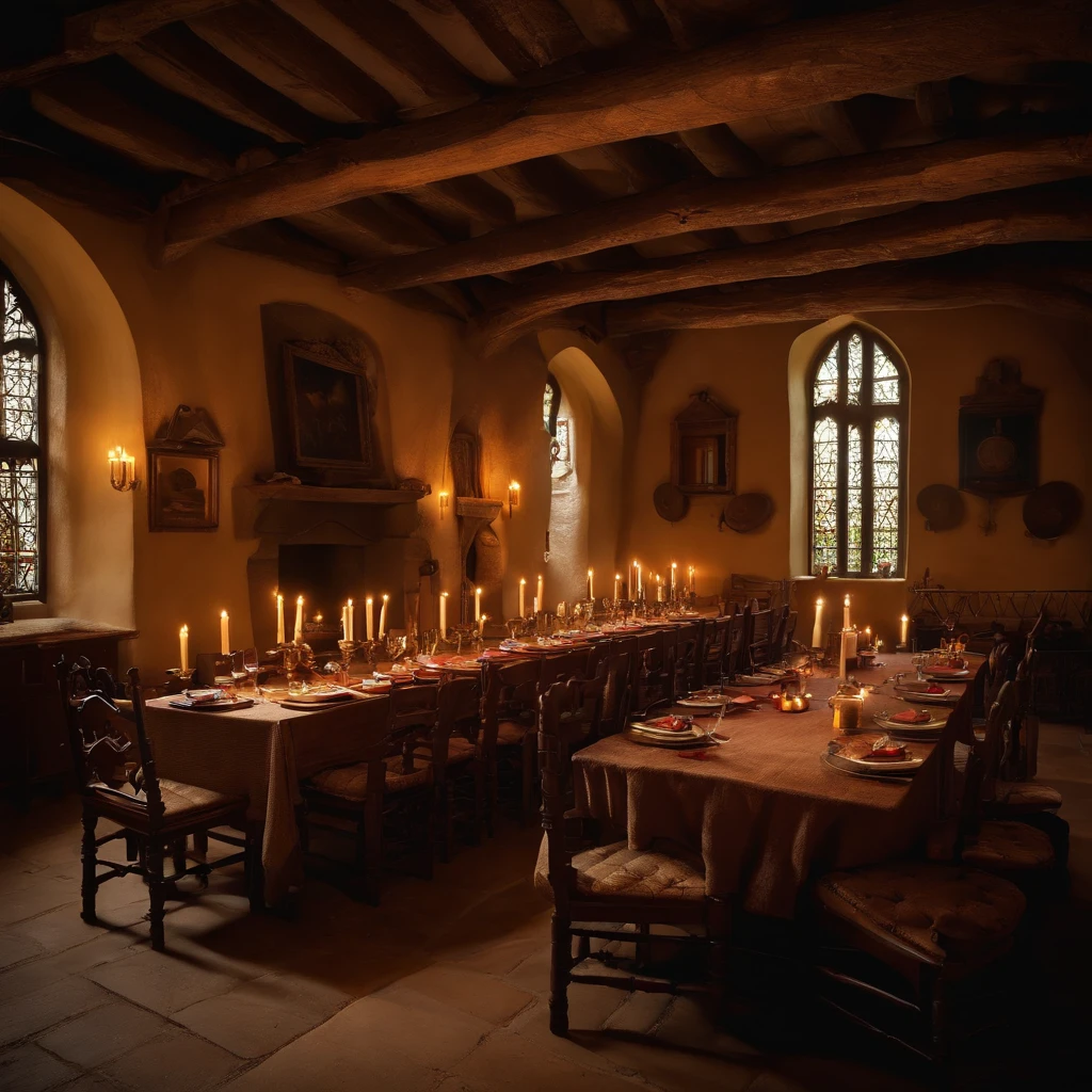 Rural, Medieval, inn, indoors, humble, tables, chairs, dinner plates, quadratic