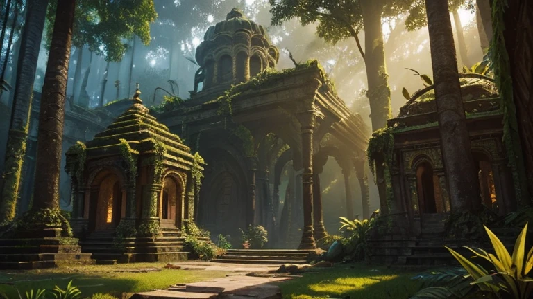 Imagine a sprawling scene set amidst the dense, vibrant jungle of Zuldazar. Tall, ancient trees with twisting vines and exotic foliage surround the remnants of an ancient troll city. The ruins of Atal'Dazar rise majestically, their weathered stone structures adorned with intricate carvings depicting tribal motifs and mythical creatures.
Golden accents catch the eye, reflecting the sunlight that filters through the thick canopy above. Golden totems stand guard at the entrances, and glowing braziers cast warm, flickering light on the moss-covered pathways.
In the foreground, a series of crumbling stone steps lead upwards, revealing hidden chambers and mysterious alcoves. The air is thick with the sounds of exotic birds and the distant rumble of jungle creatures.
Amidst this lush and ancient setting, there's a sense of history and reverence. Sacred altars are scattered throughout, adorned with offerings and ceremonial artifacts. The atmosphere is both serene and mystical, hinting at the spiritual significance of this once-great troll city.
A generative art piece inspired by Atal'Dazar could interpret this description by blending elements of tribal artistry, lush jungle landscapes, and a touch of mystical allure. Golden hues, intricate patterns, and organic forms could be woven together to evoke the rich and immersive world of this World of Warcraft dungeon.