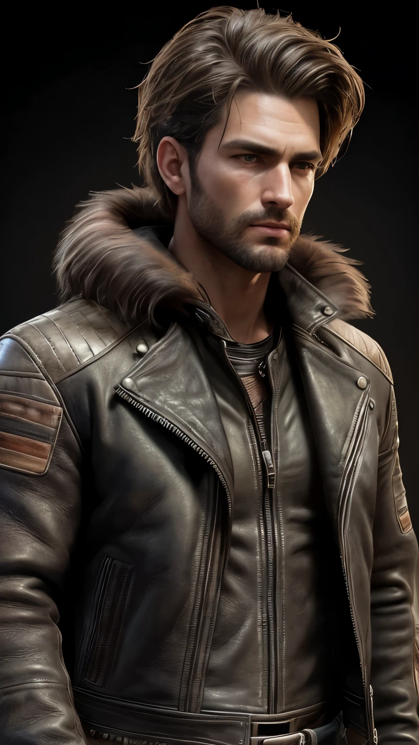 Photo of a rugged and athletic 30-year-old cowboy, raw, (1boy), ((Detailed face:1.2)), ((leather jacket with fur trim:1.32)), long sleeves, black jeans, ((Volumetric lighting:1.37)), ((best quality:1.1)), masterpiece, intricate details, tonemapping, sharp focus, hyper detailed, trending on Artstation, ((looking directly at the viewer:1.3)), (realistic, realistic detail), photorealistic, high contrast, photorealistic digital art, 8k HD high definition, detailed skin texture, hyper-realistic texture, realistic lighting, dramatic