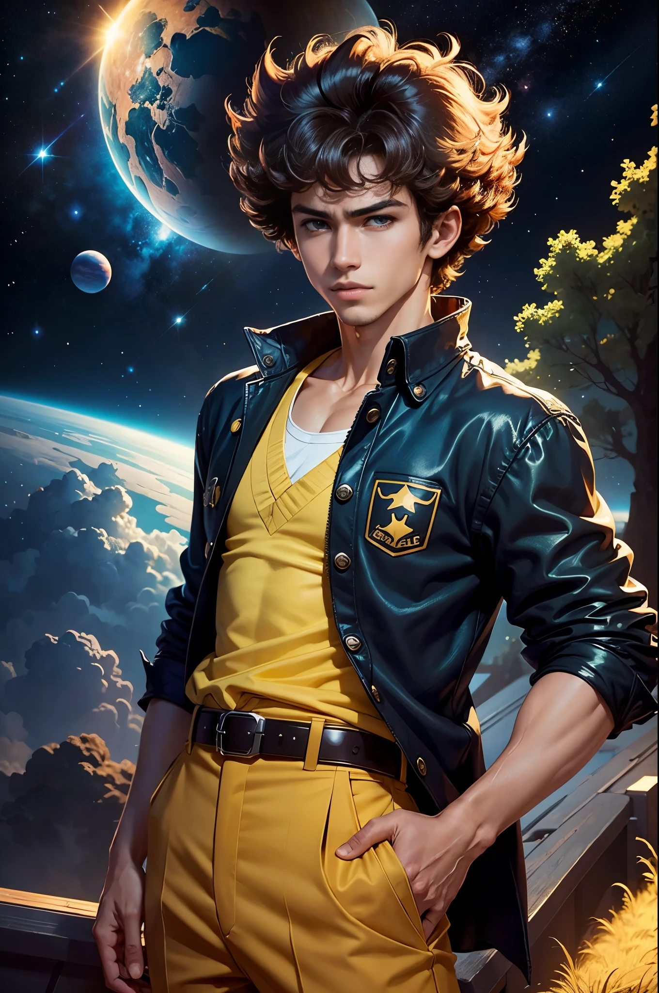 best quality,masterpiece,ultra detailed,cowboy bebop,a boy,Starry background,universe,On an alien planet,spacecraft,colorful planets on the sky