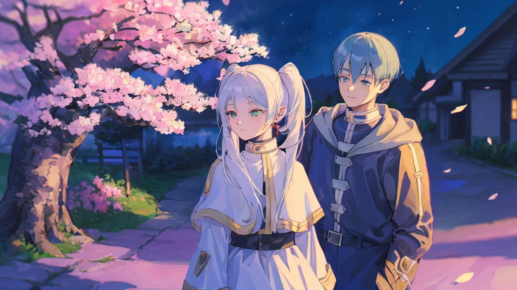 ((highest quality, super detailed girl and boy:1.3))BREAK,(girl is White hair,green eyes,shining eyes, absurdly long long twin tail:1.3),BREAK,(boy is Blue hair,boy is short hair:1.4),BREAK,(boy and girl walking side by side:1.4),(landscape photography:1.2), (highly detailed background:1.2),(cherry blossoms, cherry blossom,standing, midnight, moon:1.3),(total1 girl,total 1 boy,duo:1.3),from above,girl is expressionless, boy is smile